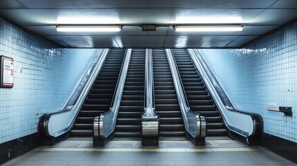 Empty poster mockup on the wall next to an escalator in a subway station. Prime advertising space in a high-footfall area.