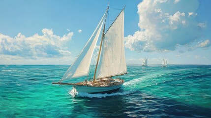 Fototapeta premium Sunlit yacht with billowing white sails navigating clear turquoise seas, under a radiant cloudless sky. Realistic, very detailed