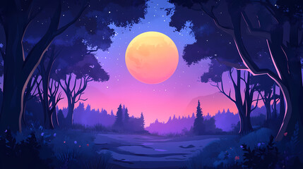 Mystical night forest. Moonlit Forest. Illustration