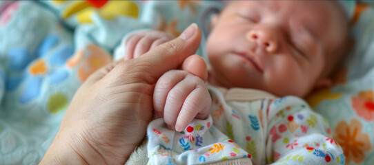 A baby is sleeping with a hand on its back