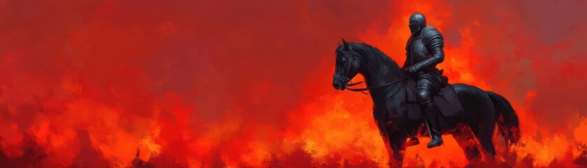 Fototapeta premium A valiant knight in shining armor rides a powerful steed through a landscape engulfed in flames, symbolizing bravery and determination.