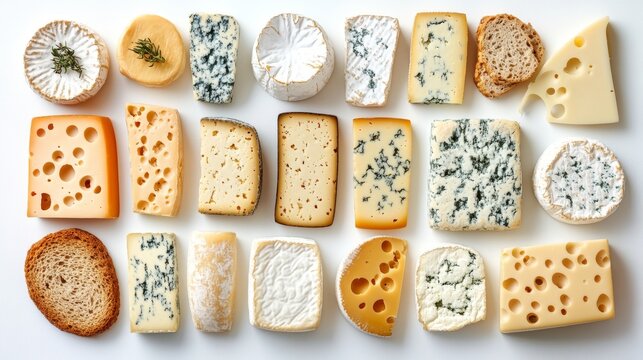 Una selecci&oacute;n de diversos tipos de queso, incluyendo queso con moho azul, queso duro y suave. Presentados sobre un fondo blanco, cada tipo de queso destaca por su textura y color.