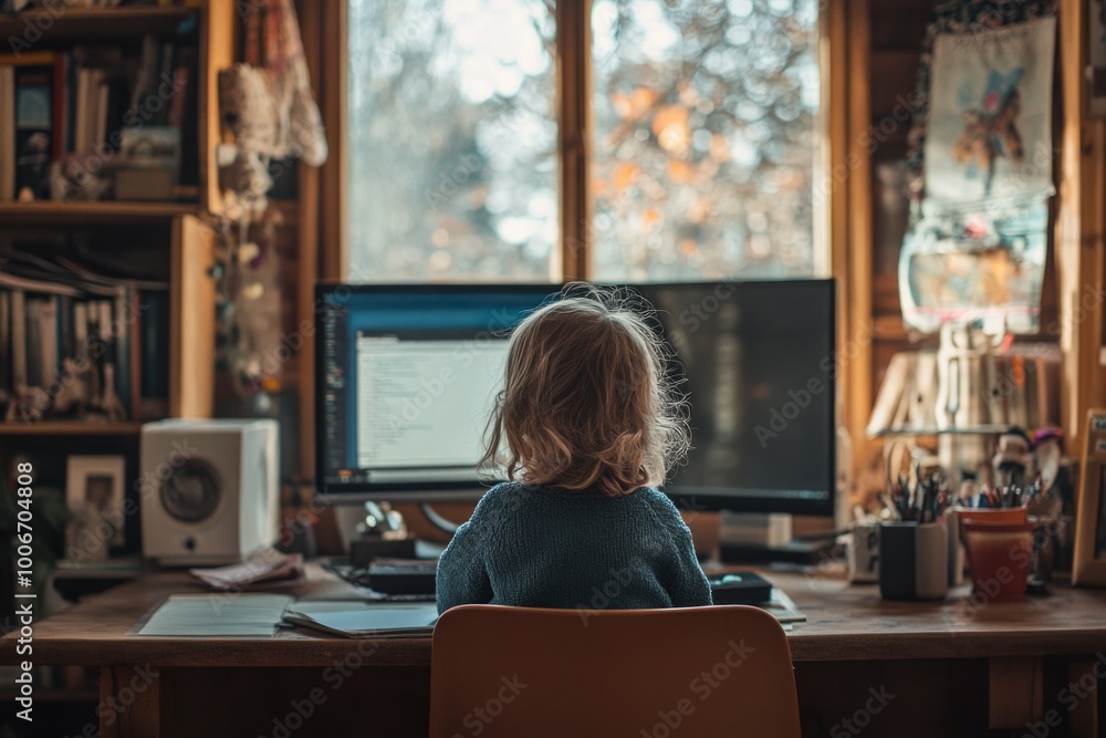 Poster toddler working from home using two computer monitors