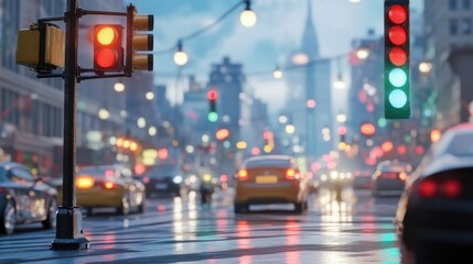 Fototapeta premium Traffic signals hanging at a busy intersection, with a detailed city background and cars waiting.