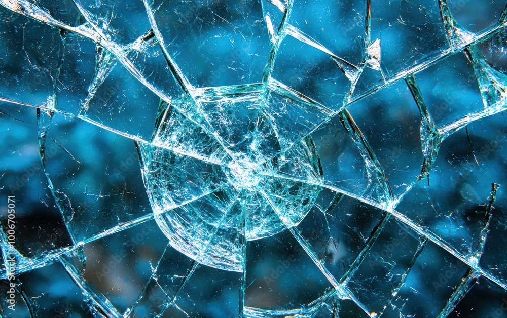 Poster close-up of a shattered glass surface with intricate cracks radiating from the center, creating a dr