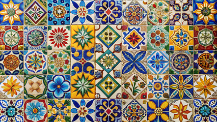 Colorful decorative tiles background with intricate patterns in blue, yellow and green tones