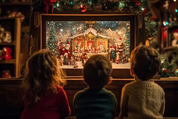 Three children watching a miniature christmas village display
