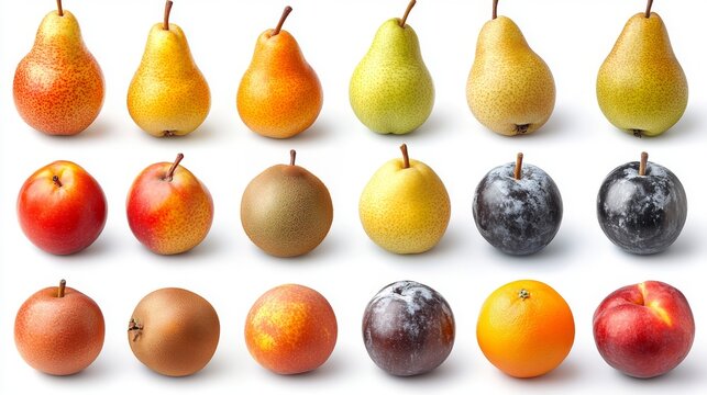 Variedad de peras y ciruelas de diferentes colores y formas, organizadas sim&eacute;tricamente sobre un fondo blanco. Esta selecci&oacute;n resalta la diversidad de estas frutas.