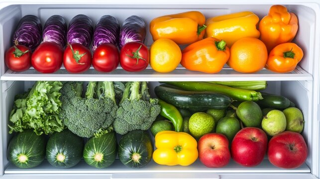 Assorted fresh vegetables and fruits in a fridge drawer, promoting the idea of health and nutrition in daily meals.