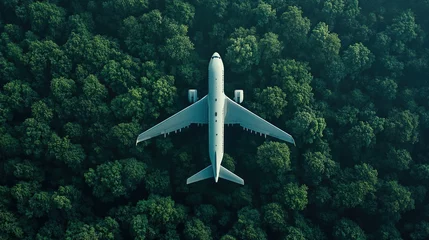 Rolgordijnen zonder boren passenger plane flies over forest with green trees, top view © Larysa