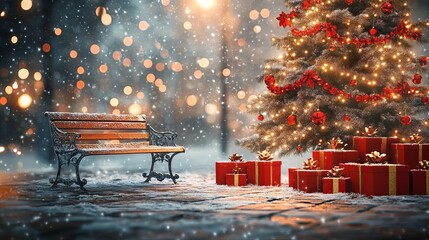 Twilight Scene of a Cozy Christmas Decoration Featuring a Bench and Tree Adorned with Red and Golden Garlands, Surrounded by Red Gift Boxes and Snowflakes