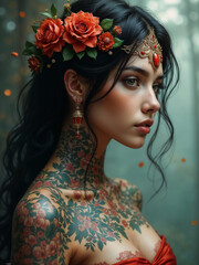 Girl with tattoo on body, portrait, close-up