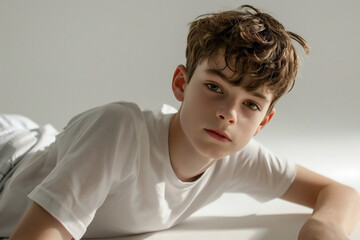 A boy wearing a white tshirt