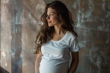 A pregnant woman wearing white Tshirt