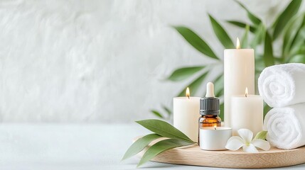 Essential oils and candles on a wooden spa tray, creating a serene environment for therapy, aromatherapy, mindfulness in spa