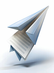 Fototapeta premium Soaring Policy Document Concept: A Wide Shot of a Folded Policy Document Transformed into a Paper Airplane Ascending Against a Pure White Backdrop, Symbolizing New Policies Implementation