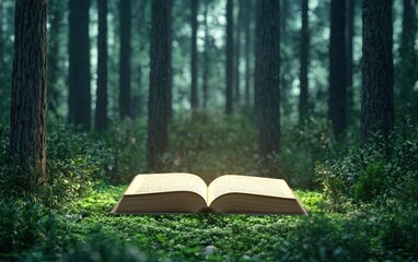 A mystical open book rests on lush green moss in a serene forest, inviting readers to explore the secrets of nature and imagination.