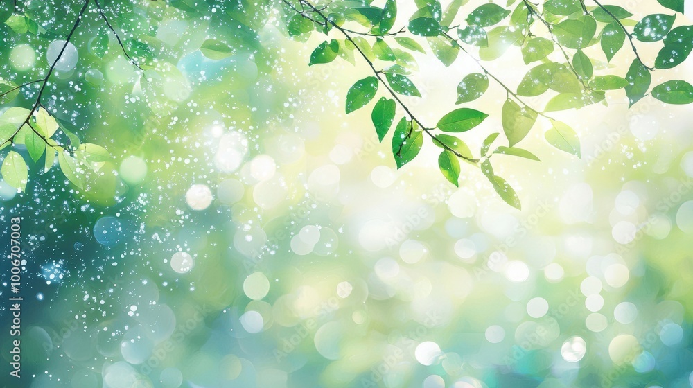 Aufkleber a serene background featuring delicate green leaves with a soft bokeh effect, creating a peaceful at
