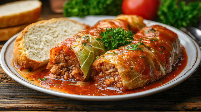 Traditional Serbian dish sarma, which consists of minced meat wrapped in sour cabbage leaves with rice, served as a finished meal accompanied by white bread.