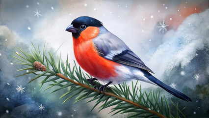 Bullfinch on Snow-Covered Pine Branch in Winter