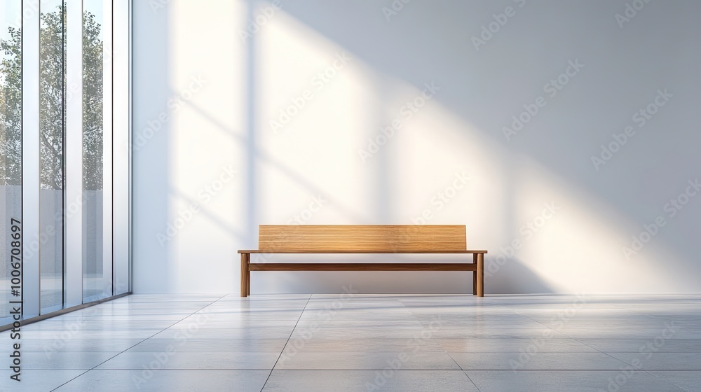 Poster Modern architectural interior with an empty wooden bench, ideal for creating copy space or design placement.