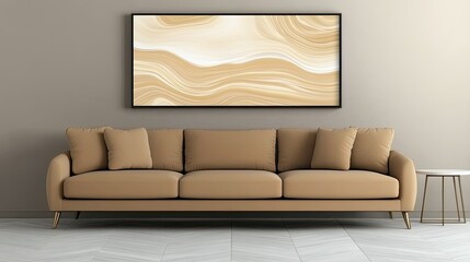 The cozy living room showcases an elegant beige sofa paired with a sleek coffee table, accented by a striking painting and simple decor elements that reflect minimalist design
