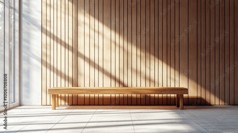 Poster Modern architectural interior with an empty wooden bench, ideal for creating copy space or design placement.
