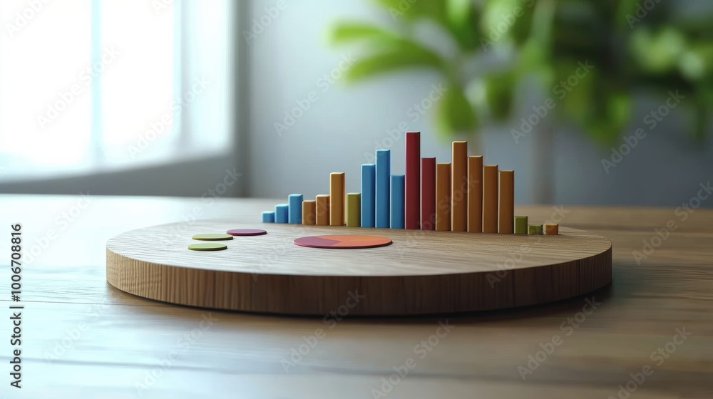 Poster a vibrant wooden platform displaying colorful bar graphs, showcasing data visualization in a modern 
