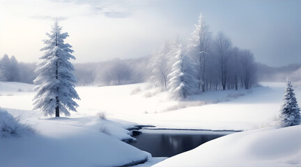 Obraz premium winter landscape with snow-covered trees near the river in sunny weather