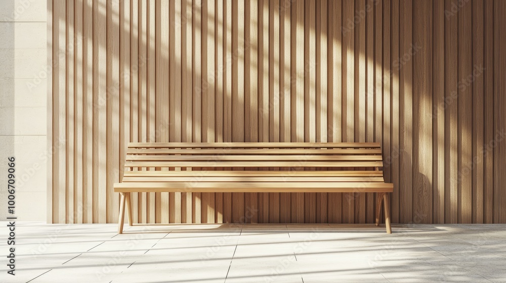 Poster Modern architectural interior with an empty wooden bench, ideal for creating copy space or design placement.