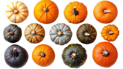 Una colección de calabazas en tonos naranja, verde y blanco, dispuestas simétricamente. Estas calabazas resaltan la diversidad de formas y colores típicos de la temporada de otoño.
