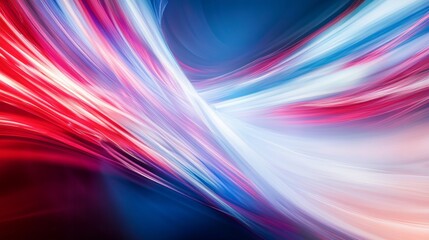An abstract artwork featuring swirling red, blue, and white colors, generating a sense of energy and movement through vibrant design.
