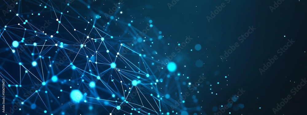 Poster abstract blue network with glowing particles on a dark background.