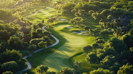 Overhead view of a lush golf course, with trees, greens, and fairways creating a picturesque scene.