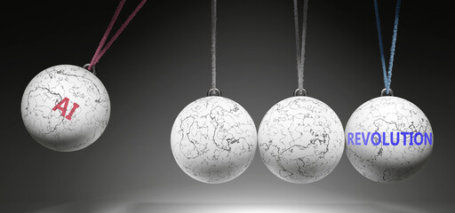 Ai and Revolution - cause and effect relationship. A Newton cradle metaphor showing how ai results in revolution. It initiates revolution. ,3d illustration