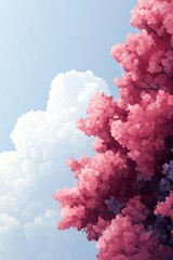 Fototapeta premium A serene landscape featuring vibrant pink foliage against a soft blue sky, evoking feelings of peace and tranquility in nature.