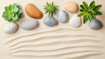 Zen garden with raked sand and smooth stones, promoting mindfulness and peace, Japanese spa therapy, mindful relaxation