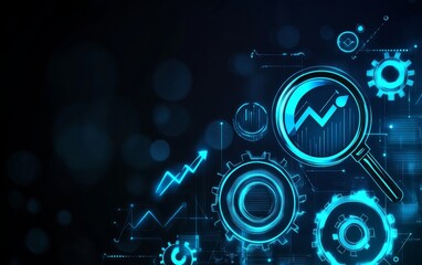 A glowing digital interface with gears and a magnifying glass highlights futuristic analytics and technology in modern design.