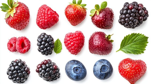 Variada colecci&oacute;n de bayas frescas como fresas, frambuesas, moras y ar&aacute;ndanos, acompa&ntilde;adas de hojas verdes. Perfecto para mostrar la diversidad de frutas saludables y naturales.
