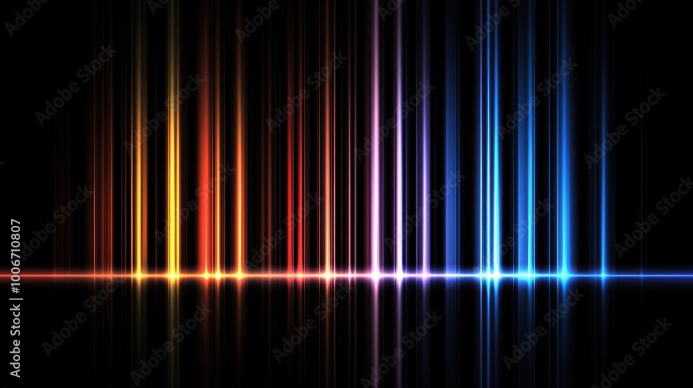 Poster vibrant abstract light spectrum with colorful vertical lines reflecting against a dark background, p