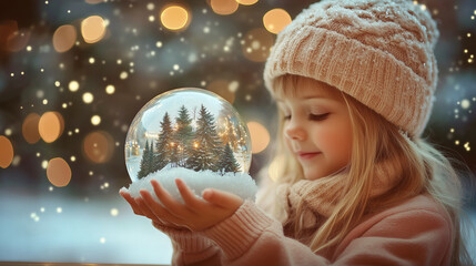 Naklejka premium Young child holds a shimmering snow globe filled with tiny Christmas tree inside during a snowy evening in winter wonderland.