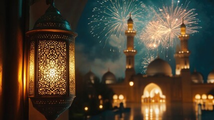 Royal Eid lamp glowing beside a mosque holy gate, with fireworks lighting the sky. Space for Eid Mubarak greetings or text.