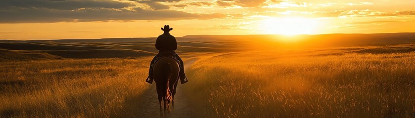 Fototapeta premium Silhouette of a cowboy riding a horse into the sunset.