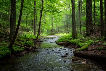 Obraz premium Tranquil stream flowing through lush green forest, peaceful nature scene