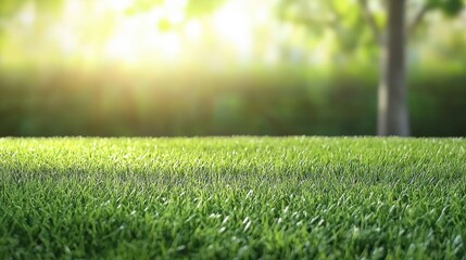 Naklejka premium Fresh, vibrant green grass illuminated by soft sunlight, creating a serene and tranquil outdoor atmosphere, perfect for relaxation and nature themes.