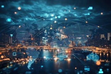 Fototapeta premium Digital World Map with Cityscape Background