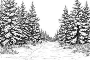 Fototapeta premium Coloring book illustration of a snowy path through a fir tree forest