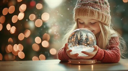 Young child holds a shimmering snow globe filled with tiny Christmas tree inside during a snowy evening in winter wonderland.