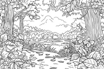 Obraz premium Coloring book illustration of a serene autumn landscape with vibrant foliage and tranquil scenery