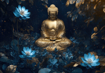 A golden Buddha statue with blue lotus flowers, sitting in meditation on the ground, surrounded by lush foliage and dark trees.